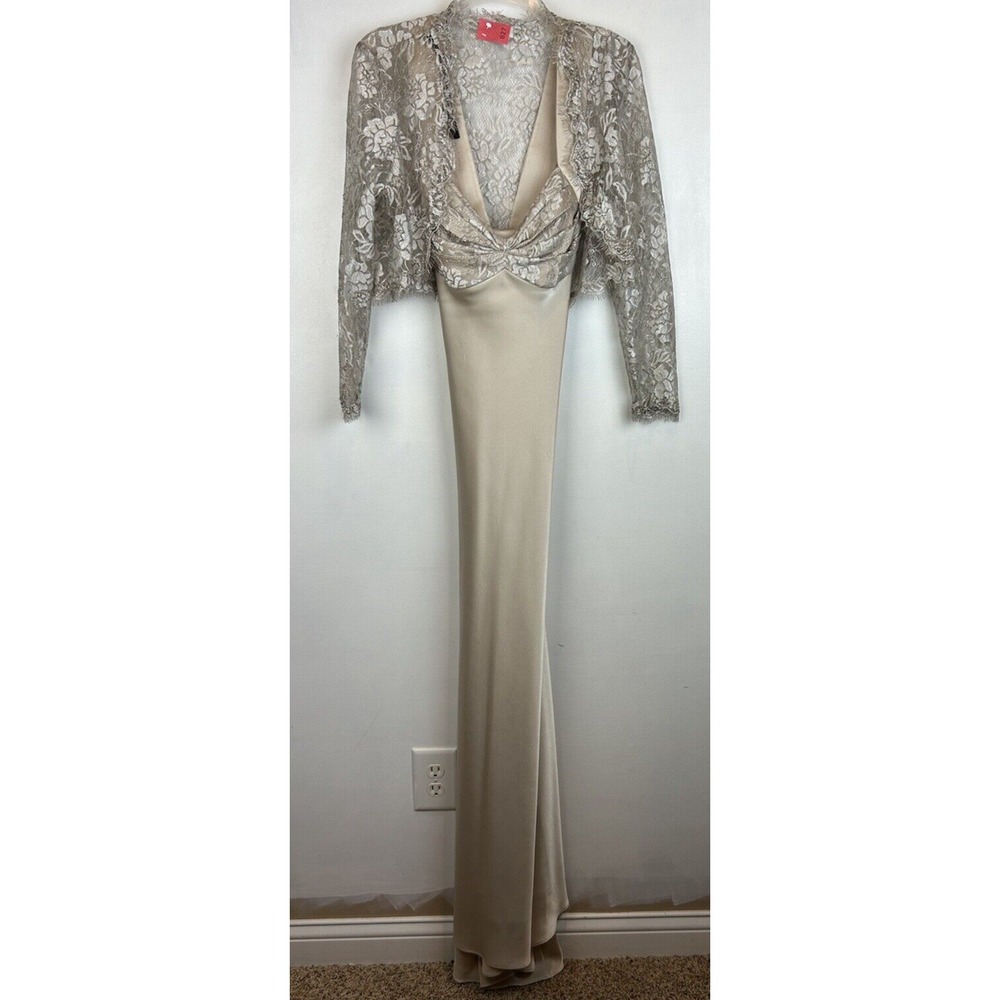 Calvin Klein Womens Dress 10 Full-Length Gown Beige 3/4 Sleeve Lace Jacket